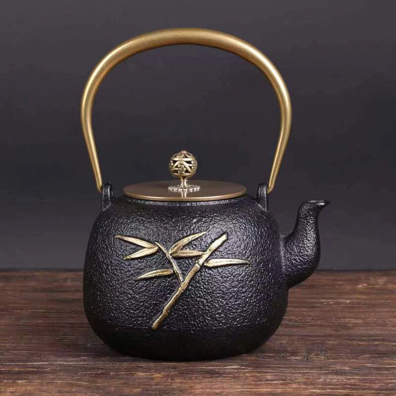 华夏铁匠1200毫升铸铁壶 煮茶壶 泡茶壶精品茶具 描金竹子铸铁壶