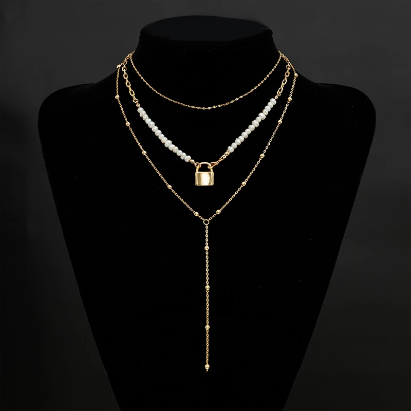 铜合金贝珠项链 女式韩版蛇骨金色系几何珠型珍珠项链小锁吊坠