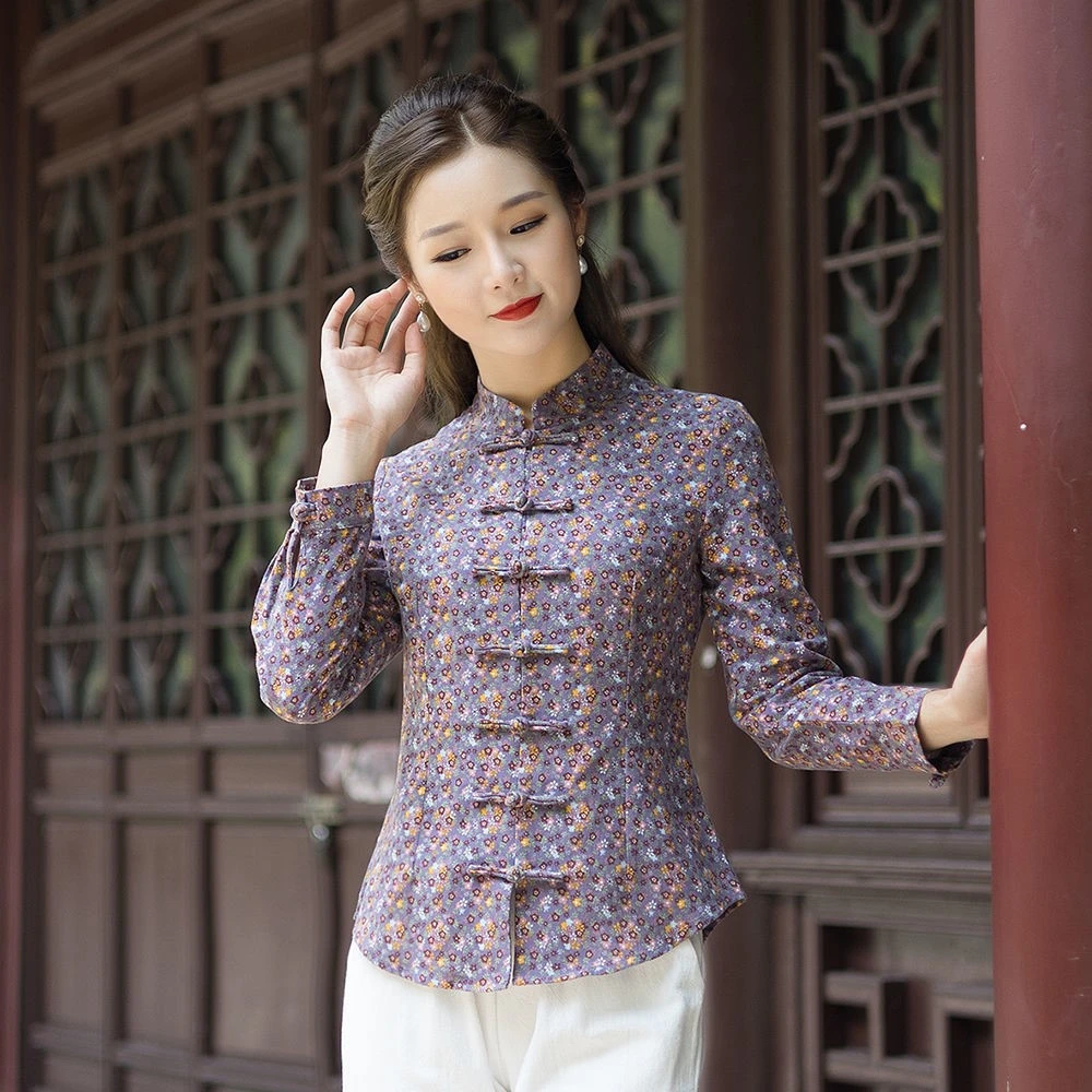 复古文艺盘扣旗袍上衣女装2022春秋新款中国风改良式唐装汉服碎花