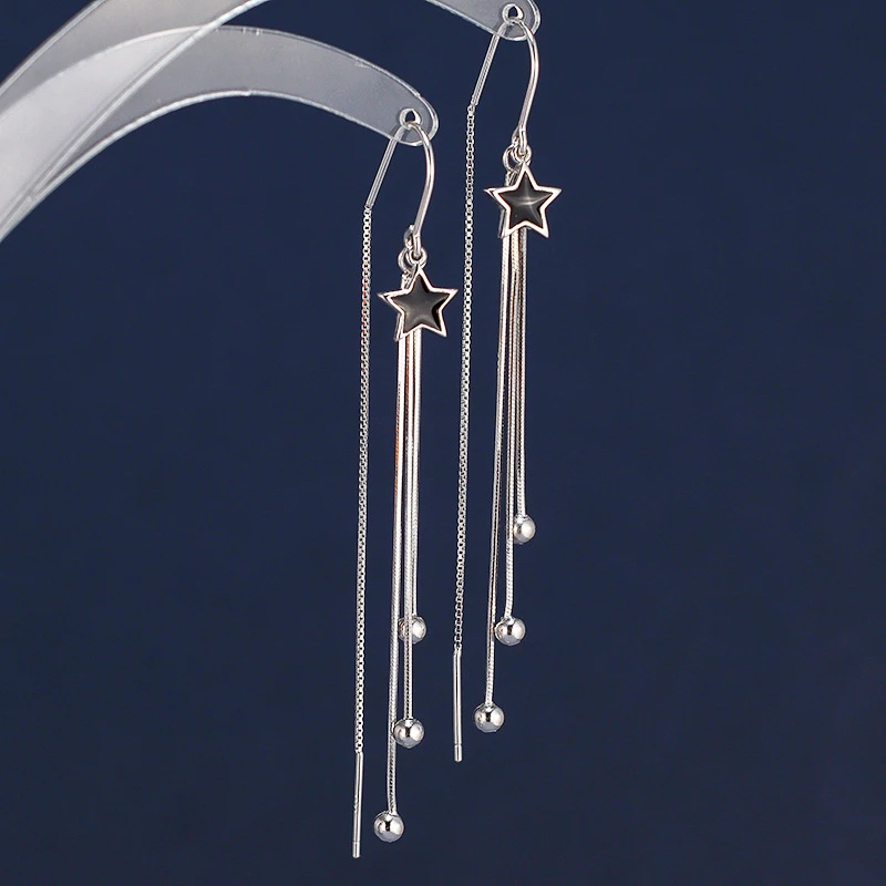 925银珐琅耳饰 纯银五角星耳环女韩国气质长款流苏星星耳线耳饰