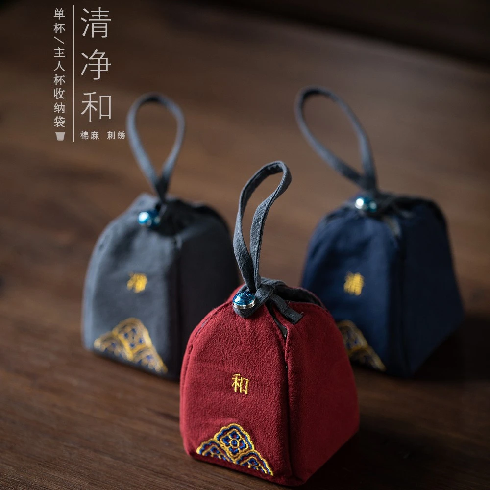 sanbumi/三布迷单杯主人茶杯收纳袋 中式棉麻布便携旅行加厚布袋