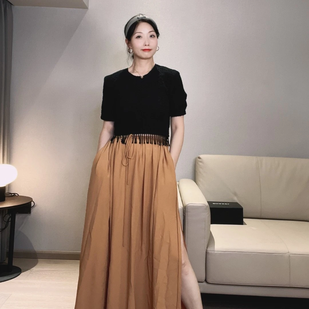 高端小众设计进口醋酸订制姜黄色大摆系带长裙 MS8236