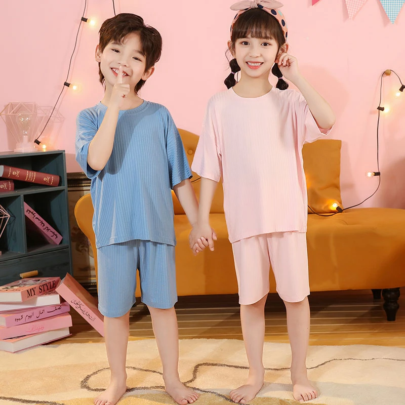 睡衣夏季面膜薄款女童男童短袖家居服套装中大小童儿童小孩空调服