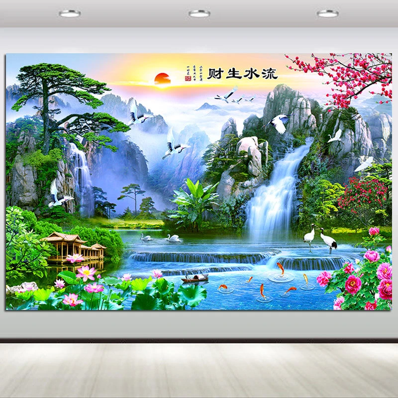 山水风景画迎客松流水生财青山绿水现代客厅装饰画办公室挂画壁画