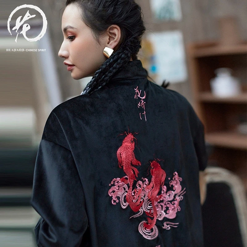 花娇计＜锦鲤刺绣＞复古唐装中国风夏新款国潮时尚丝绒长袖上衣