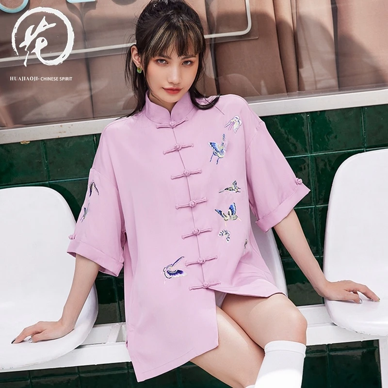 花娇计＜蝴蝶效应＞春夏新款刺绣唐装短袖盘扣国潮复古中式上衣