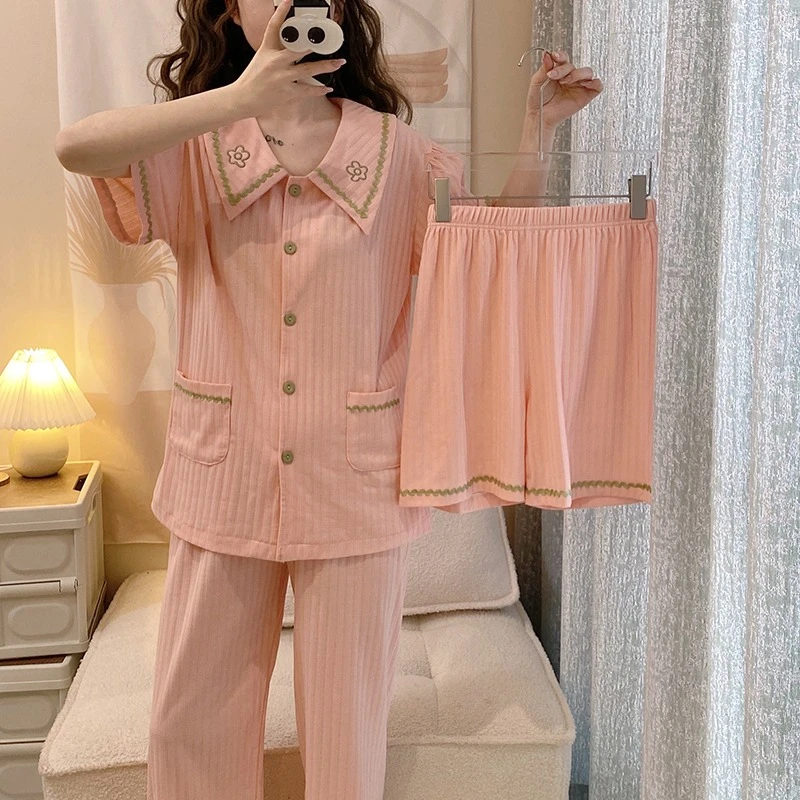 睡衣女三件套春夏提花棉纯色开衫短袖短裤简约宽松休闲慵懒不起球