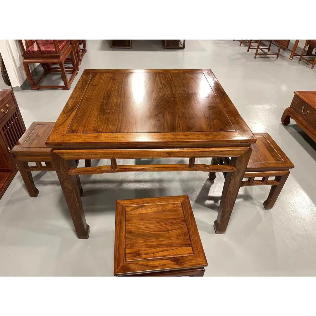 东北内蒙一带小叶榆木八仙桌多种用途一桌四凳