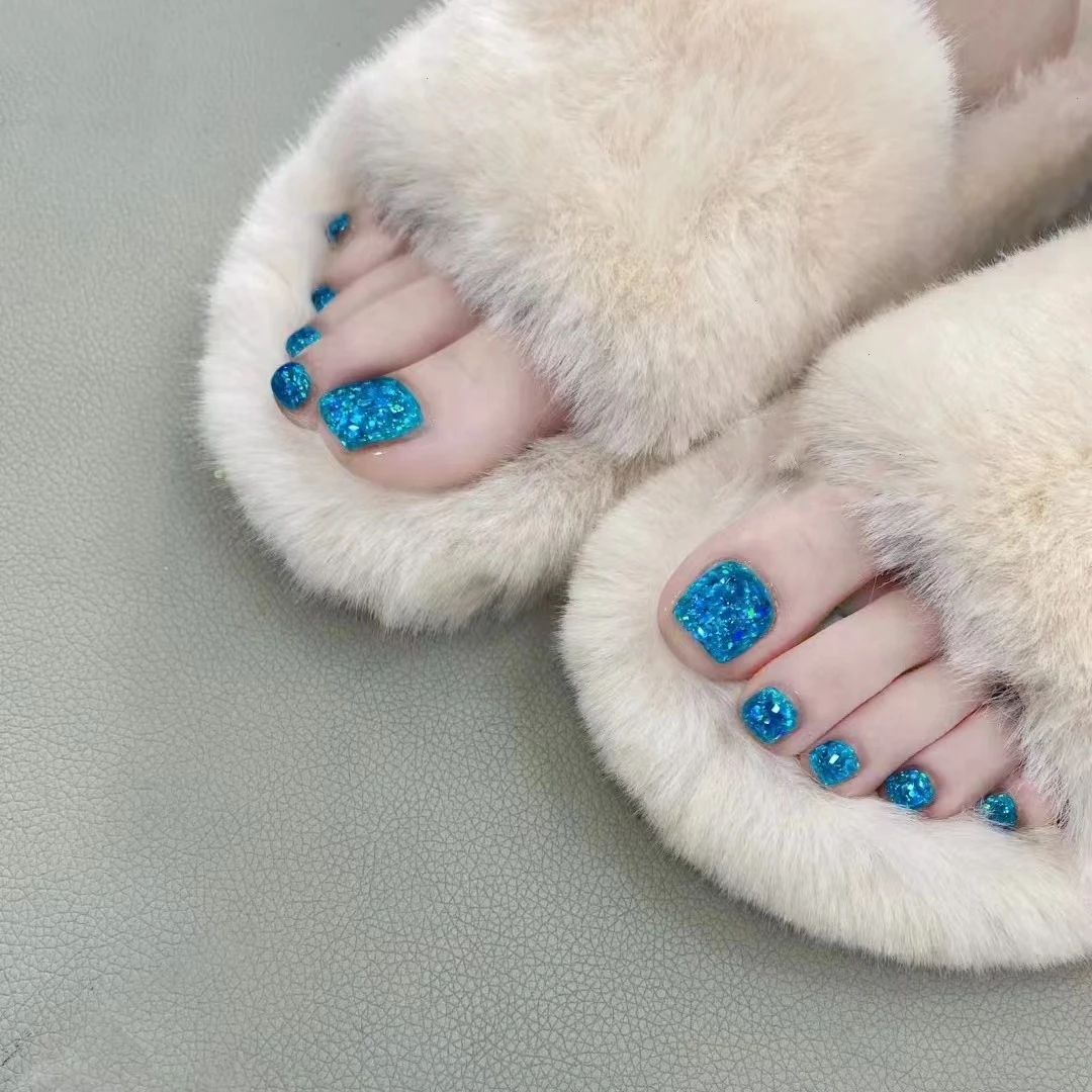 【海蓝闪闪+烤灯+固态胶】脚甲穿戴甲美甲贴片可拆卸假指甲全尺码