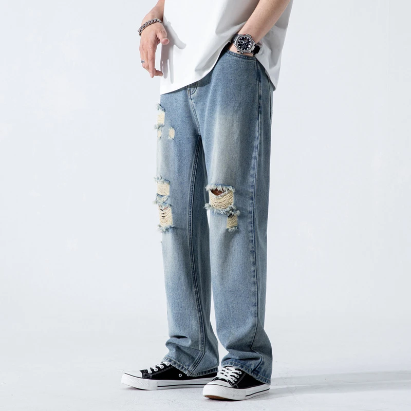 CELUCASN/潮流前线【DY09】牛仔裤男宽松直筒破洞垂感松紧阔腿裤