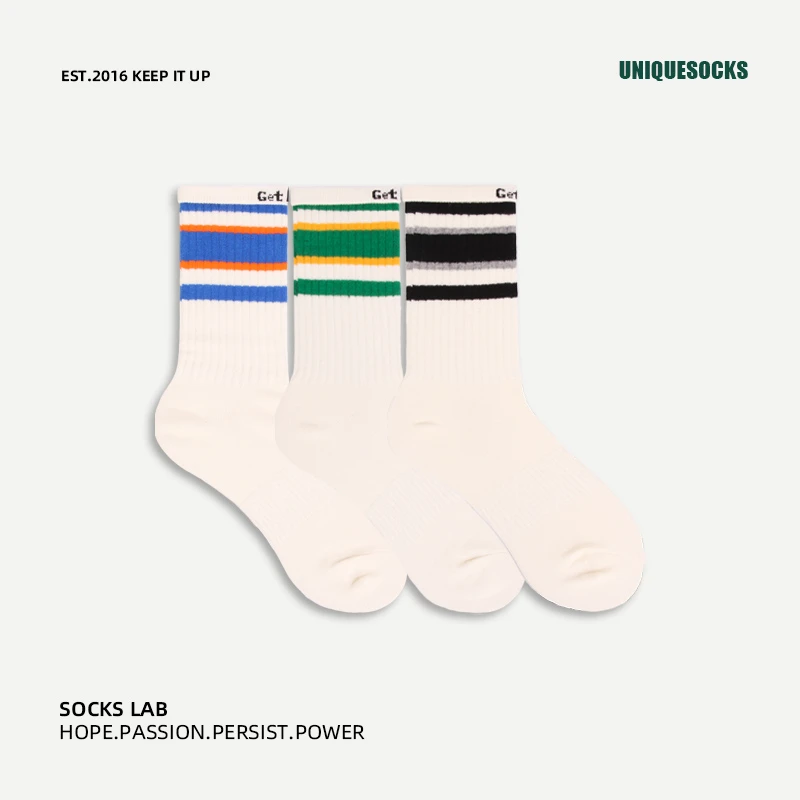 UNIQUESOCKS三双装创意翻边字母潮袜男女ins潮网红街头中性中筒袜