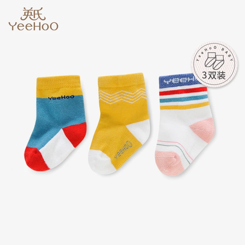 英氏婴儿袜子条纹透气四季袜男女宝宝可爱多彩袜新款 3双装秋冬
