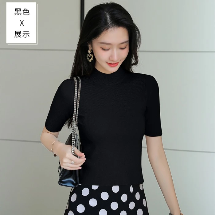 半高领中袖针织打底衫上衣女2025早秋修身百搭春秋季黑色毛衣女薄