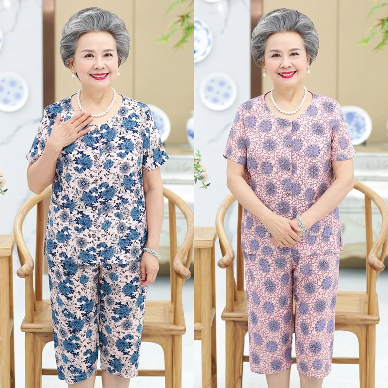 老年人套装女夏季短袖妈妈装棉绸睡衣胖奶奶衣服开衫两件套老太太