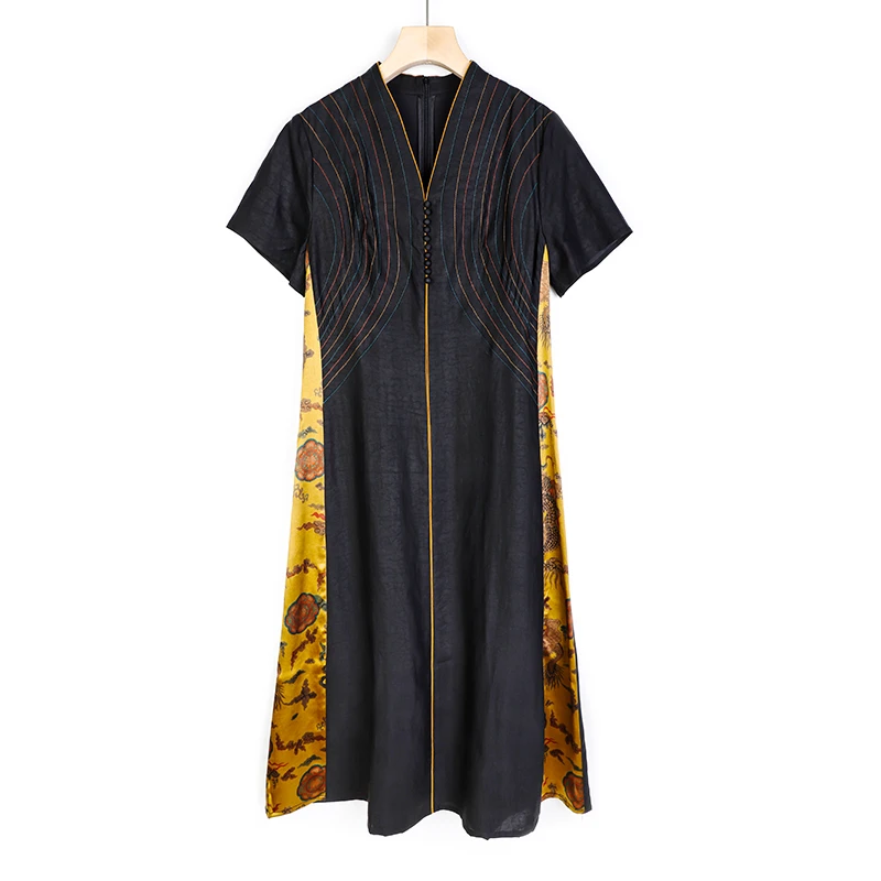 陌妆高端香云纱品牌女装夏季复古显瘦黑色v领连衣裙女22072