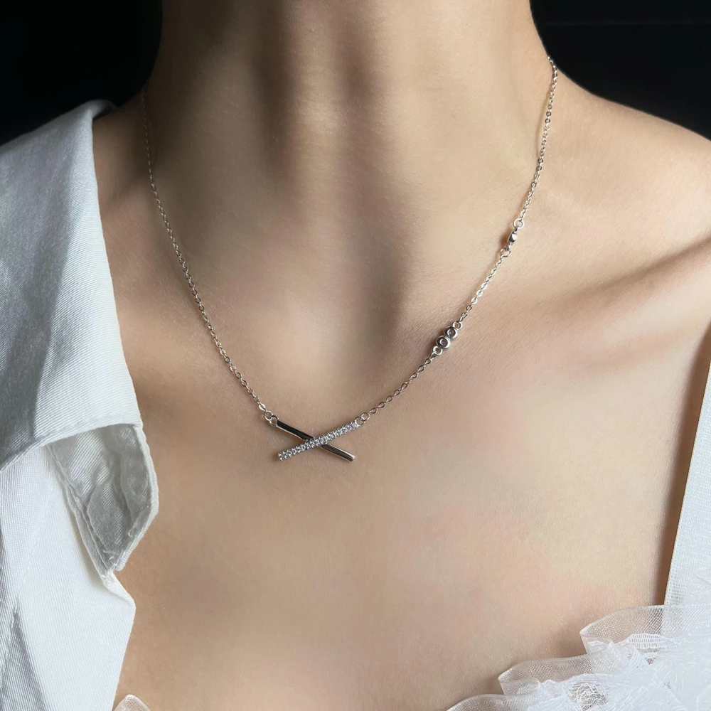 坠链均925银合成锆石 字母X项链轻奢小众气质银锁骨链简约个性女