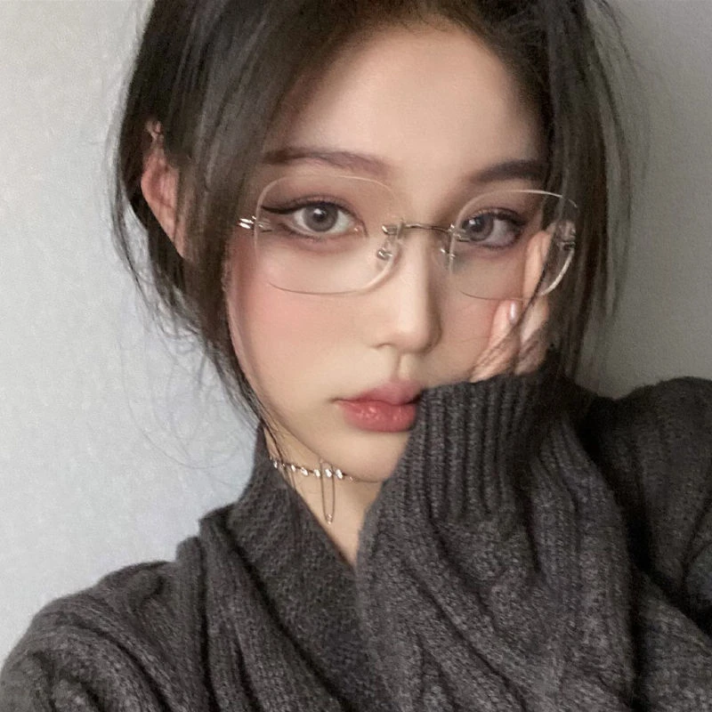 超轻无边框眼镜女近视韩版纯欲风高级感平光镜树脂镜片