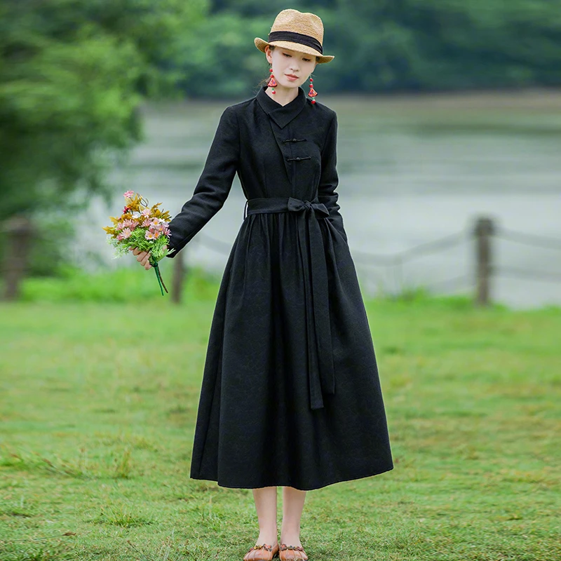 莹如衣语民族风混纺连衣裙秋冬文艺复古女装气质秋季长裙0235