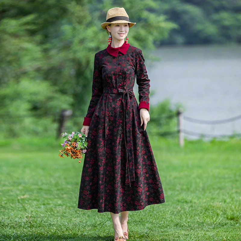 莹如衣语民族风高档精棉提花连衣裙秋冬文艺女复古印花长裙0239捡