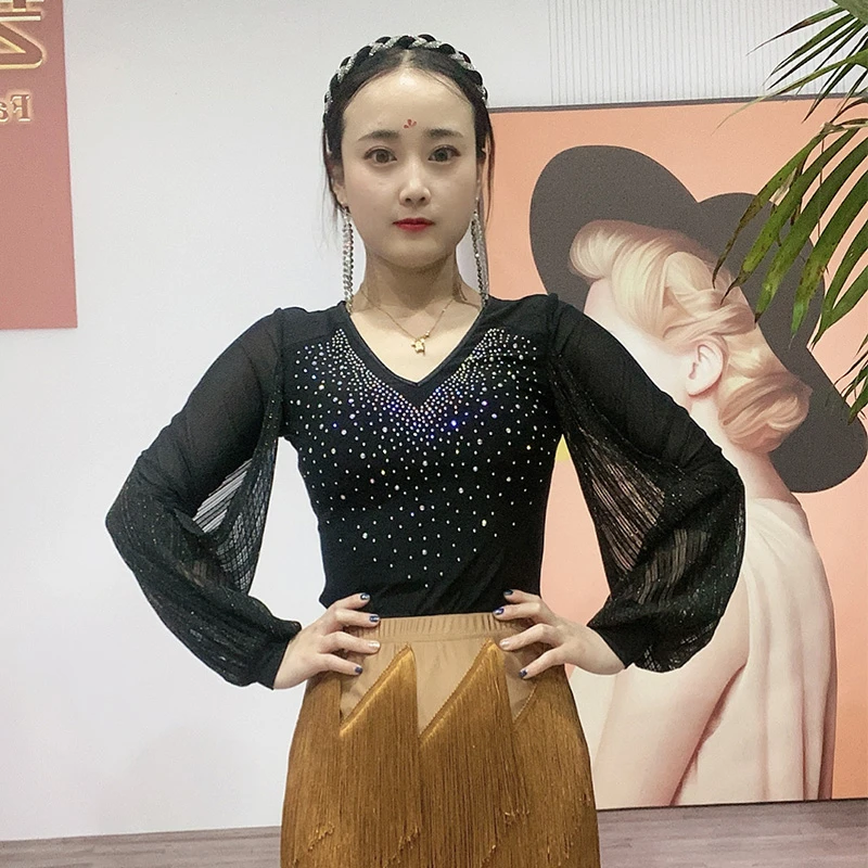 艺尚舞2245女高端气质优雅亮钻拼接灯笼袖舞蹈上衣