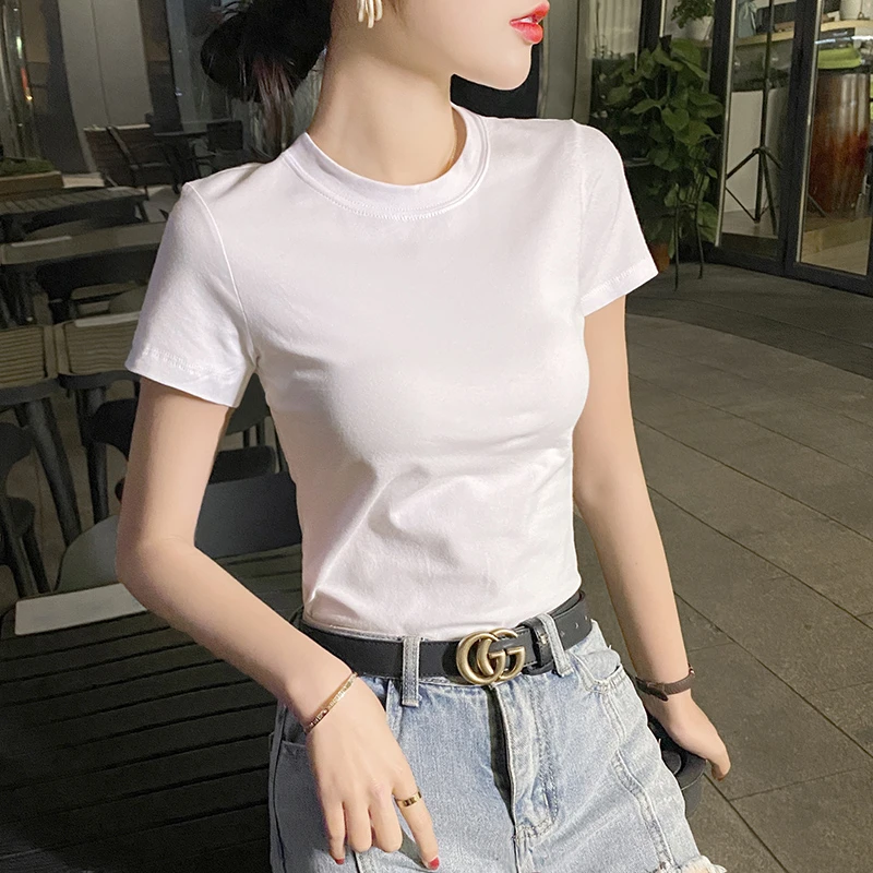 纯白色半高领短袖T恤女2024年新款夏天紧身显瘦正肩半袖上衣ins潮