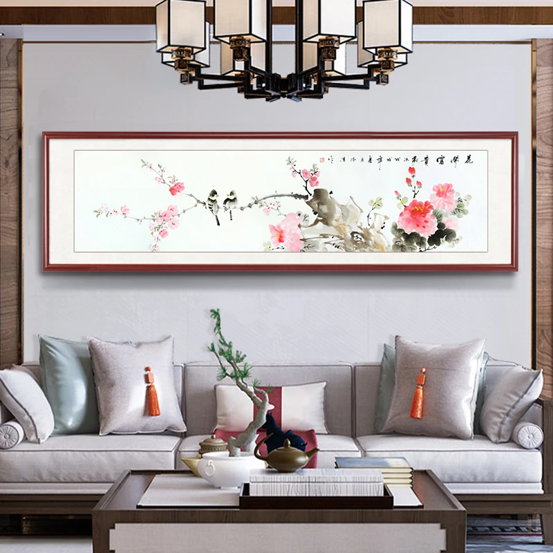 纯手绘花开富贵牡丹花鸟国画客厅背景墙装饰壁画卧室床头挂画美满