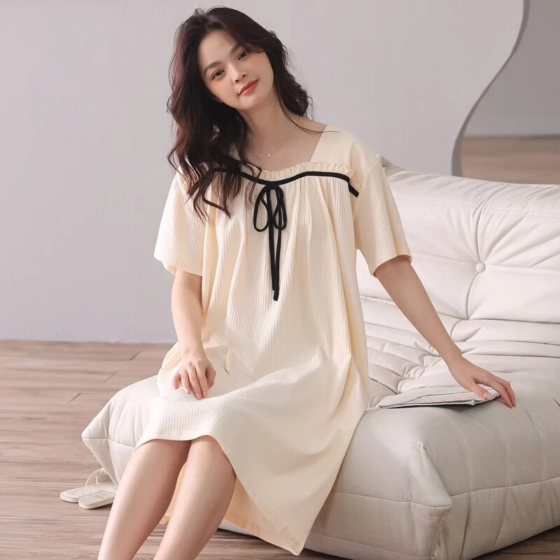 韩版睡裙女式夏季棉连衣裙卡通大码女式居家服宽松睡衣家居服短袖