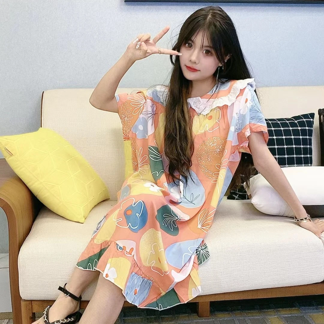 2025新款甜美可爱蕾丝花边家居胖MM舒适透气中长裙时尚外穿休闲裙