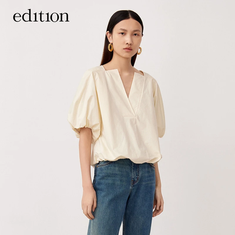 edition复古v领泡泡袖新疆长绒棉衬衣女小众短款上衣#EBB3TOP003