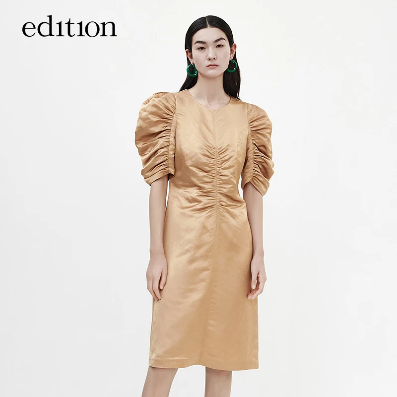 edition泡泡袖连衣裙女春款小众时尚别致抽褶廓形裙子#EBB1DRS020