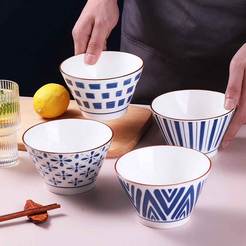 【5英寸斗笠碗古染4个装】釉下彩工艺高脚防烫陶瓷米饭碗复古大号