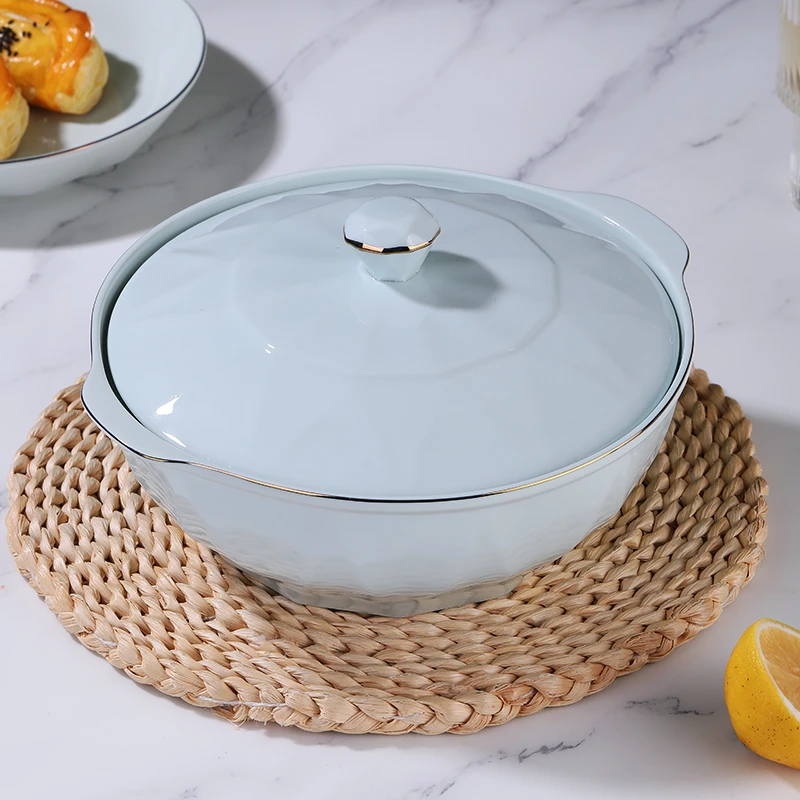 轻奢9英寸金边大汤碗1只带盖陶瓷菱形汤锅家用陶瓷加厚汤锅