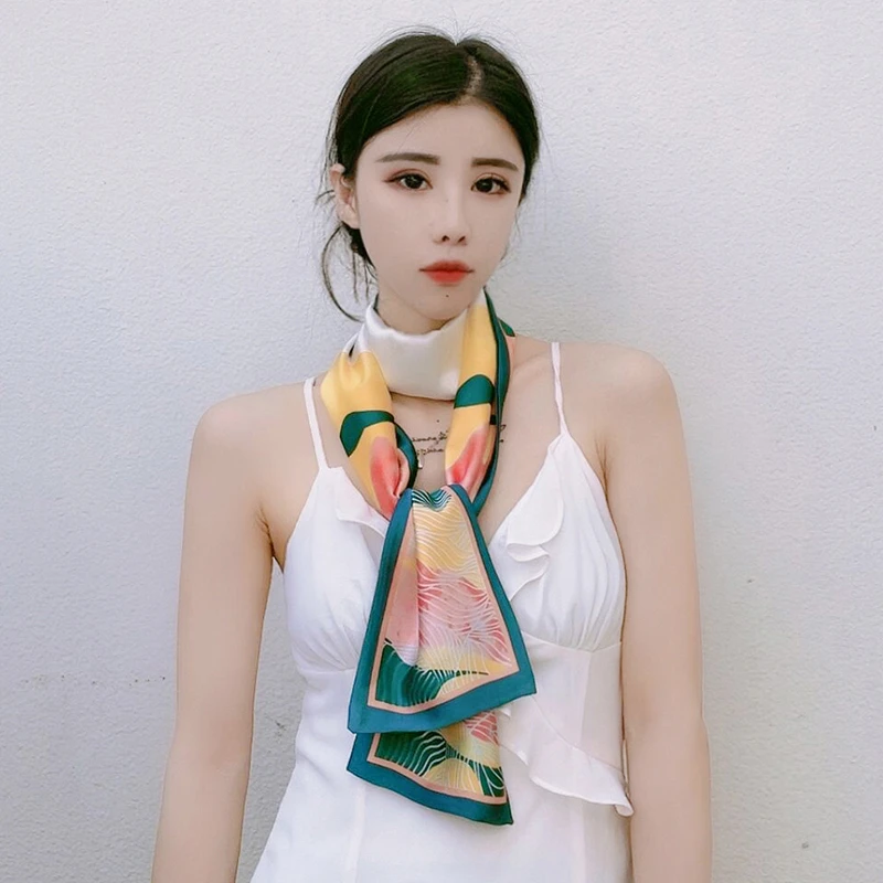 时尚油画窄细长条发带小丝巾女薄款围巾飘带绑包装饰领巾头巾百搭