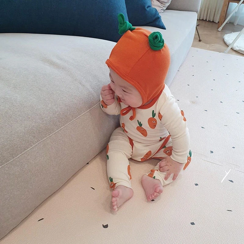 ins春春秋装婴幼儿家居服套装胡萝卜印花睡衣婴童宝宝爬服三件套