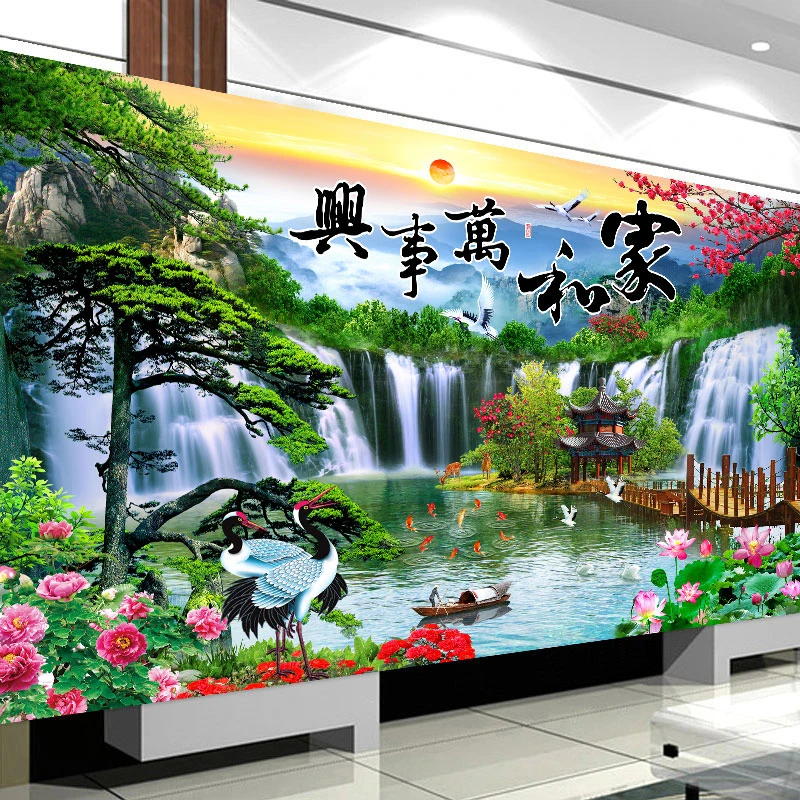 【真彩】大格十字绣家和万事兴迎客松流水生财60色满绣237x118cm