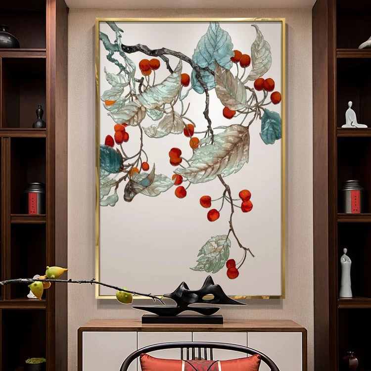 臣萱【鸿运满枝头】新中式珐琅彩装饰画轻奢玄关画餐厅走廊高端挂画