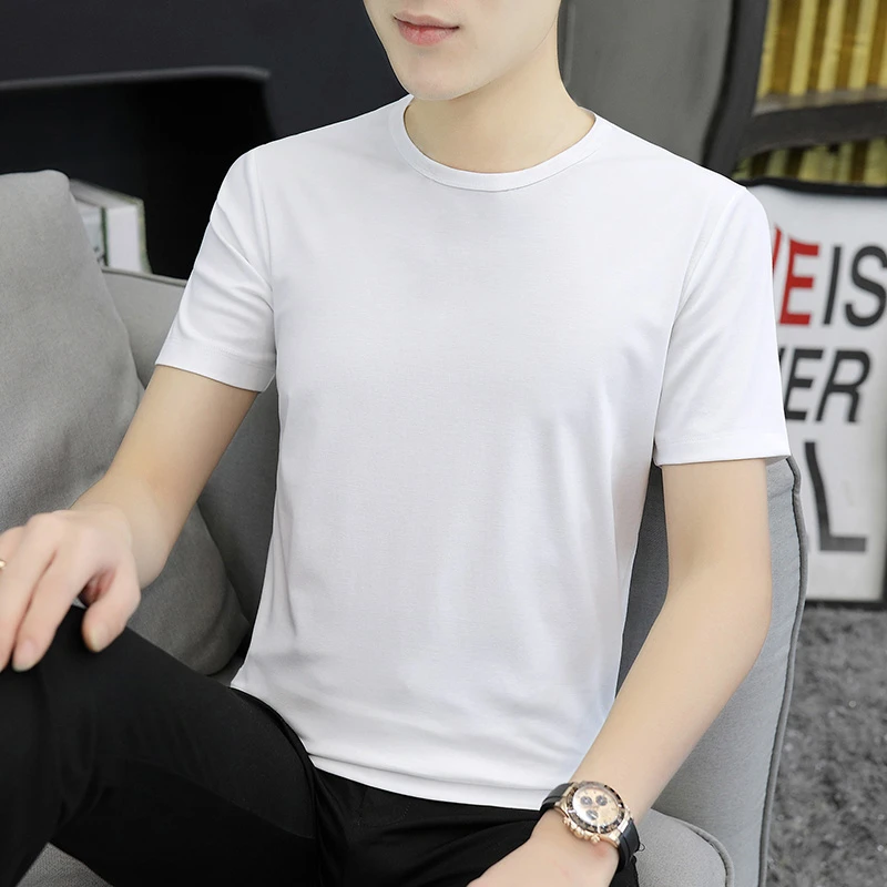 圆领白色短袖T恤百搭简约莫代尔休闲男士纯色T【521】