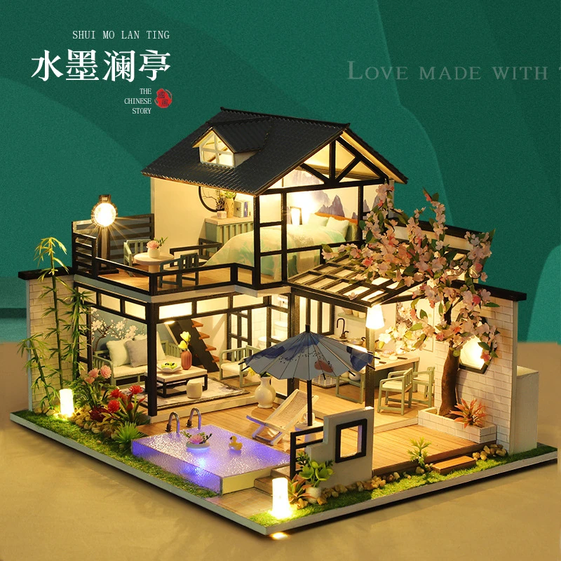 创意新中式复古风建筑模型手工拼装木质diy小屋走心礼物送女朋友