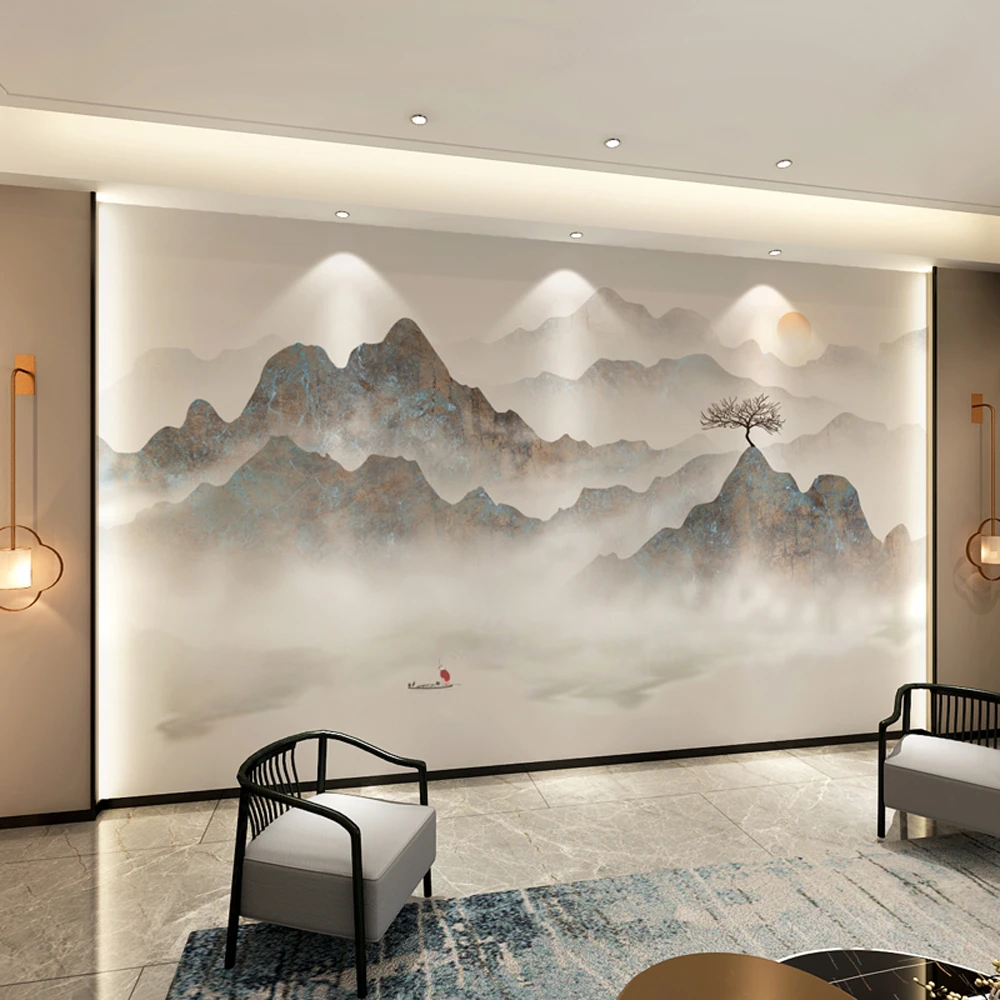 壁纸轻新款中式山水壁布电视背景墙壁画客厅沙发墙布墙纸水墨国画