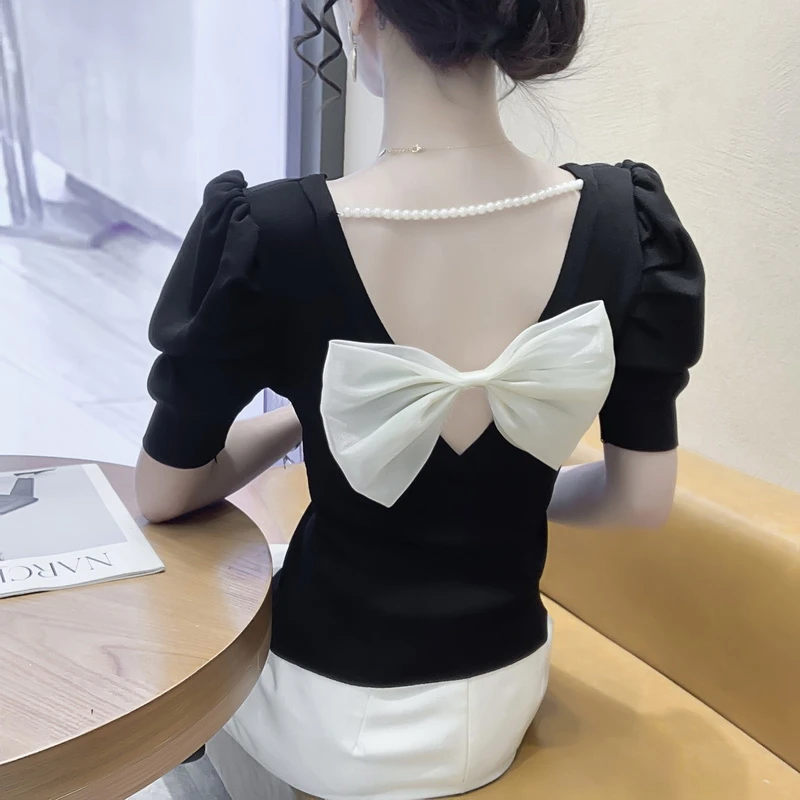夏新款时尚法式圆领领泡泡袖甜美减龄蝴蝶结性感露背短袖上衣