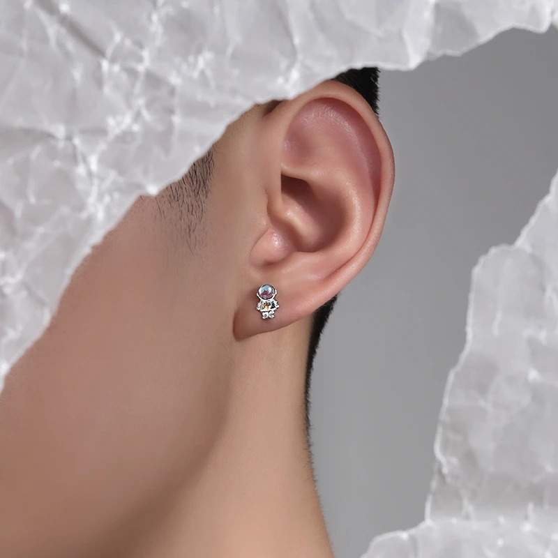 克兰茜 925银玻璃耳饰 耳钉男高级感月光石太空人耳饰单只潮痞帅