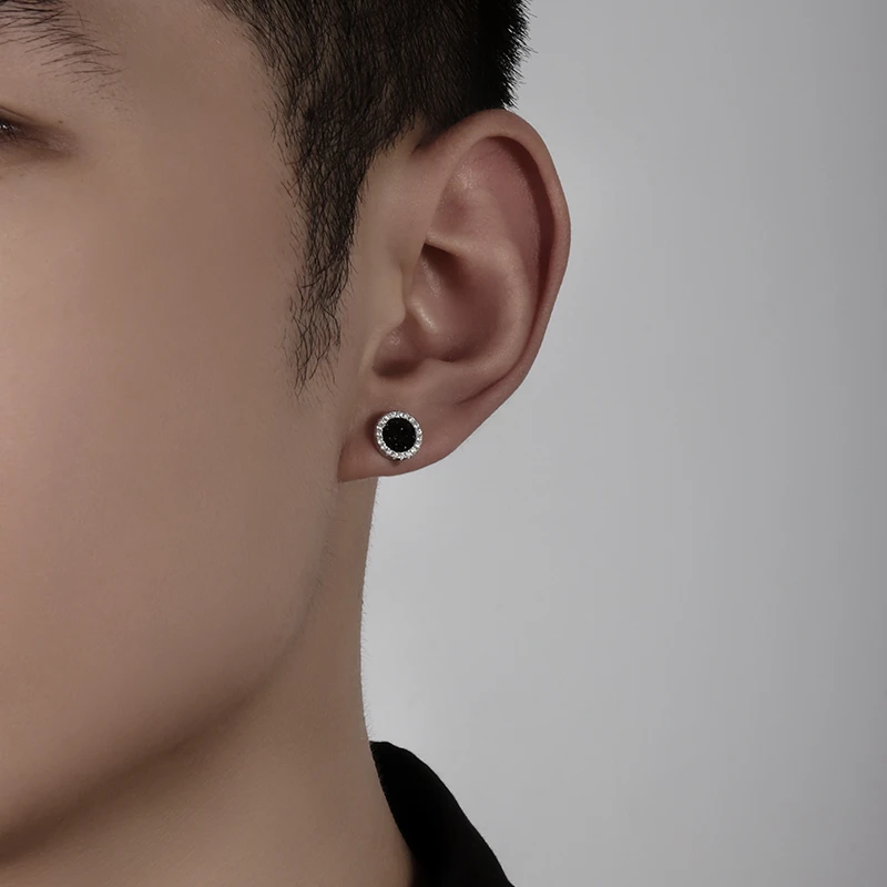 克兰茜 925银合成锆石耳饰 银耳钉男高级感痞帅黑色单只小众男士