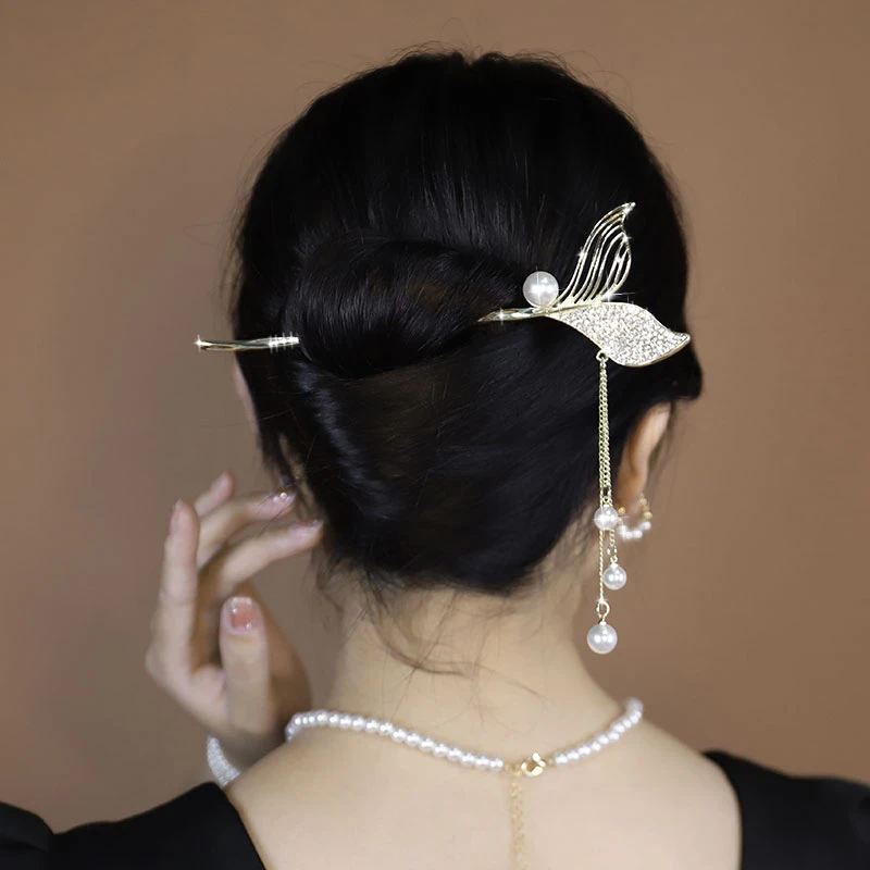 铜合金仿珍珠发饰 美人鱼尾流苏发簪发钗汉服饰品2022年新款发饰