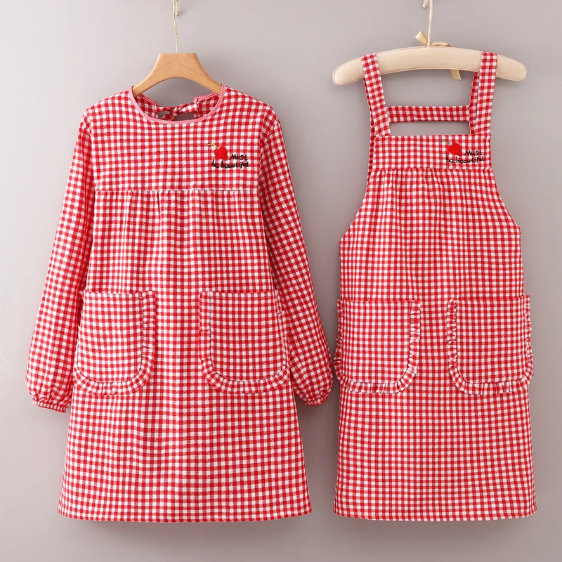 长袖韩版时尚棉布围裙厨房家用工作洋气可爱网红成人罩衣工作服女