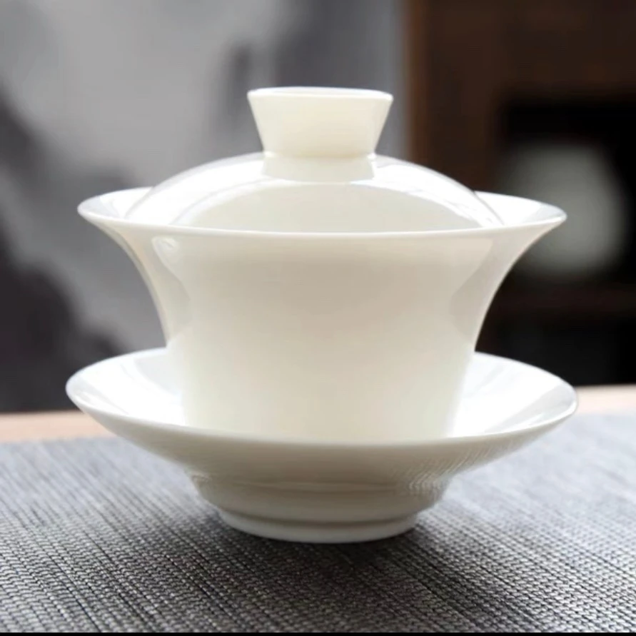 纯白羊脂玉白瓷盖碗茶道茶具大号茶碗家用陶瓷三才碗带盖泡茶盖碗
