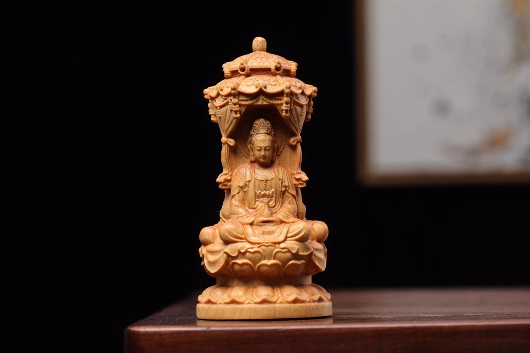 崖柏木雕刻娑婆三圣汽车摆件实木质观音地藏如来三圣塔家居摆件