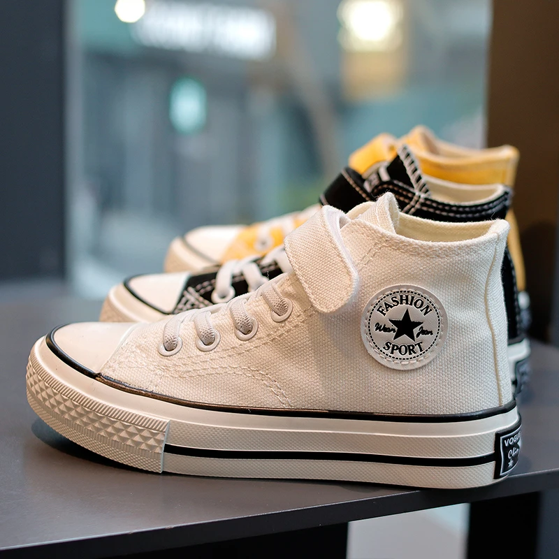 儿童帆布鞋高帮魔术贴童鞋韩版春新款男童板鞋运动单鞋女童小白鞋