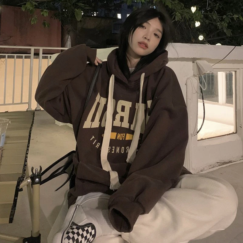 美式复古长袖连帽卫衣女加绒加厚ins潮宽松bf慵懒风oversize上衣