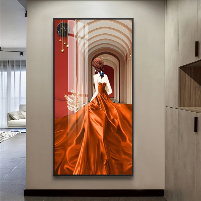 现代轻奢玄关挂画客厅背景墙竖版装饰画晶瓷壁画入户走廊过道挂画