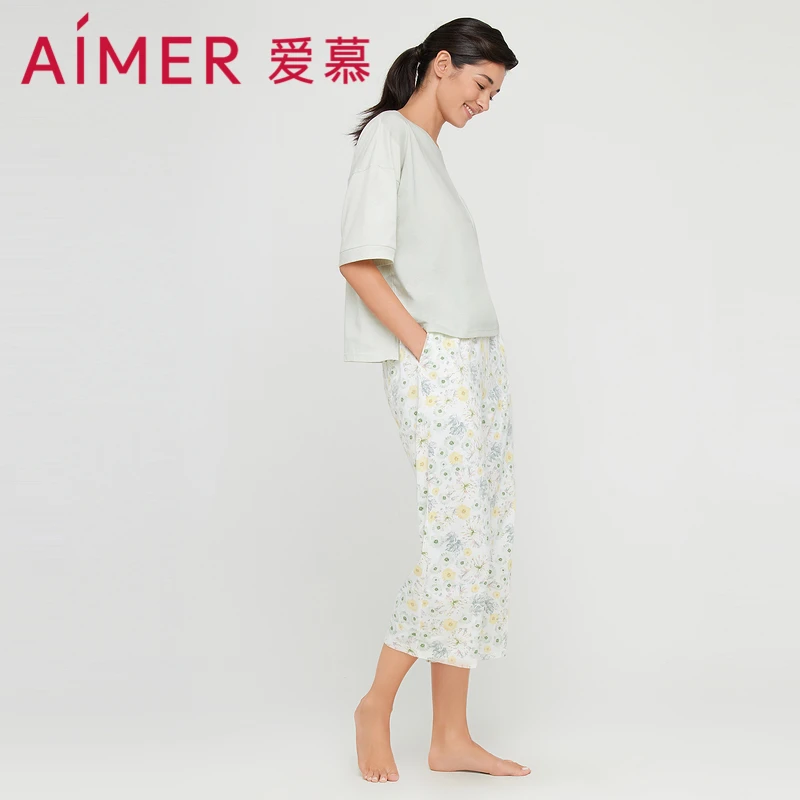 爱慕家居女捕梦时刻纯棉短袖七分裤印花休闲夏季套装宽松AM467651